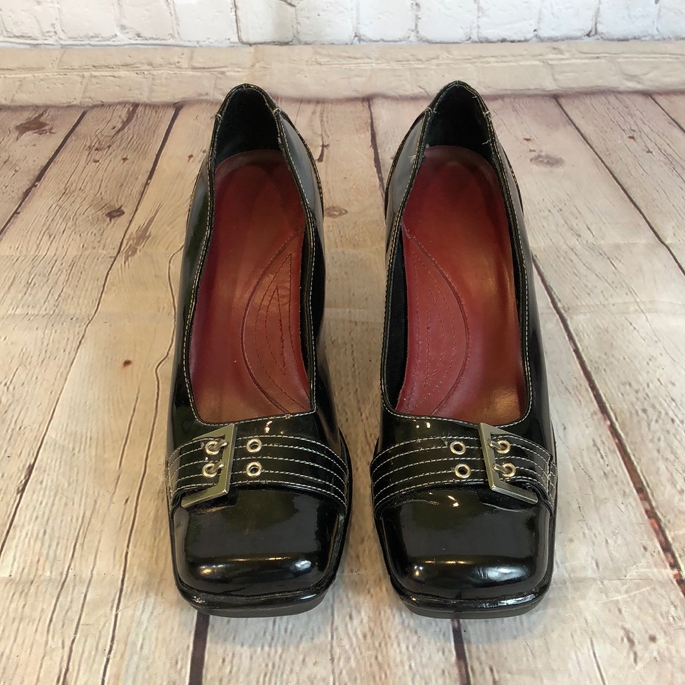 Parade Black Faux Patent Leather Square Toe Wedge Size 8.5
